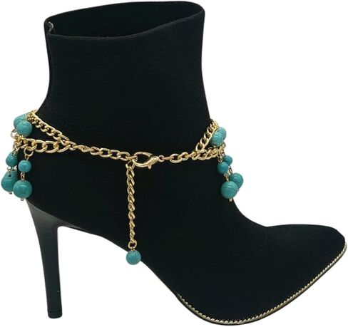 Women Western Fashion Jewelry Boot Chain Bracelet Gold Metal Shoe Charm Turquoise Blue Beads in Saudi Arabia