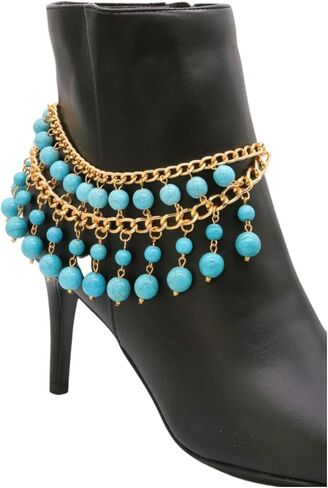 Women Western Fashion Jewelry Boot Chain Bracelet Gold Metal Shoe Charm Turquoise Blue Beads in Saudi Arabia