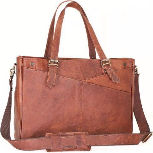 حقيبة كمبيوتر محمول من الجلد الطبيعي مقاس 17 بوصة للنساء - حقيبة عمل كبيرة من الجلد البني مع حجرة كمبيوتر محمول، وحقيبة كمبيوتر نسائية، وحقيبة ونمط مراسل للمكتب والأعمال والسفر وهدايا المعلم | جلدية حقيقية in Kuwait