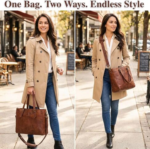 حقيبة كمبيوتر محمول من الجلد الطبيعي مقاس 17 بوصة للنساء - حقيبة عمل كبيرة من الجلد البني مع حجرة كمبيوتر محمول، وحقيبة كمبيوتر نسائية، وحقيبة ونمط مراسل للمكتب والأعمال والسفر وهدايا المعلم | جلدية حقيقية in Kuwait