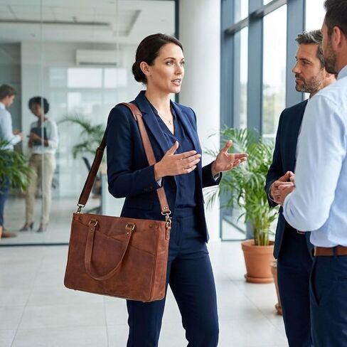 حقيبة كمبيوتر محمول من الجلد الطبيعي مقاس 17 بوصة للنساء - حقيبة عمل كبيرة من الجلد البني مع حجرة كمبيوتر محمول، وحقيبة كمبيوتر نسائية، وحقيبة ونمط مراسل للمكتب والأعمال والسفر وهدايا المعلم | جلدية حقيقية in Kuwait