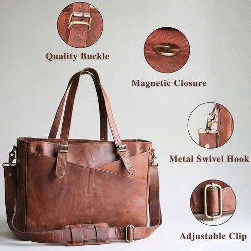 حقيبة كمبيوتر محمول من الجلد الطبيعي مقاس 17 بوصة للنساء - حقيبة عمل كبيرة من الجلد البني مع حجرة كمبيوتر محمول، وحقيبة كمبيوتر نسائية، وحقيبة ونمط مراسل للمكتب والأعمال والسفر وهدايا المعلم | جلدية حقيقية in Kuwait