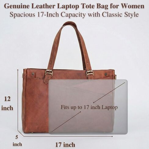 حقيبة كمبيوتر محمول من الجلد الطبيعي مقاس 17 بوصة للنساء - حقيبة عمل كبيرة من الجلد البني مع حجرة كمبيوتر محمول، وحقيبة كمبيوتر نسائية، وحقيبة ونمط مراسل للمكتب والأعمال والسفر وهدايا المعلم | جلدية حقيقية in Kuwait