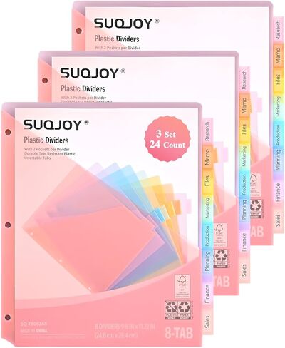 فواصل مكونة من 8 علامات تبويب لـ 3 مجلدات حلقية، و24 فواصل مجلدات مع جيوب، وفواصل للموضوع، وواقيات أوراق بلاستيكية ذات 3 فتحات لحجم الحروف الأمريكية في مجلدات 0.5 بوصة و1 بوصة و2 بوصة، و8 ألوان باستيل، 3 عبوات in Kuwait