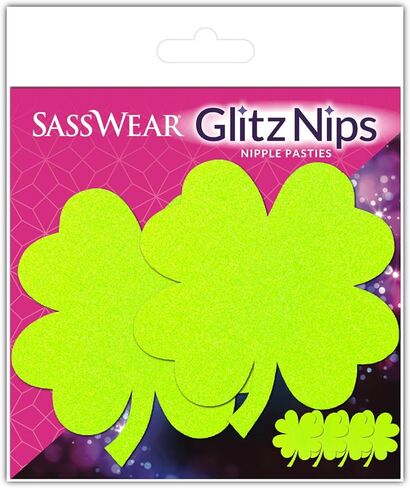 Sasswear Glitz Nips Clover Pasties أغطية حلمات شامروك باللون الأخضر النيون، بتلات الثدي المتوهجة باللون الأسود مع ملصقات الجسم الصغيرة المتطابقة in Kuwait