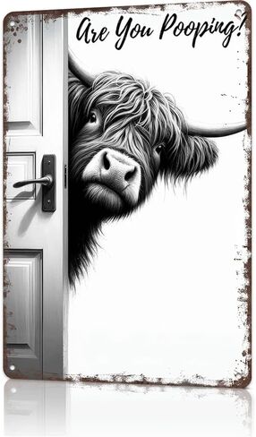 Vintage Highland Cow Aluminum Sign: Funny "Are You Pooping?" Black and White Bathroom Wall Decor for Western & Highland Cow Lovers 8 x 12 Inch in Saudi Arabia