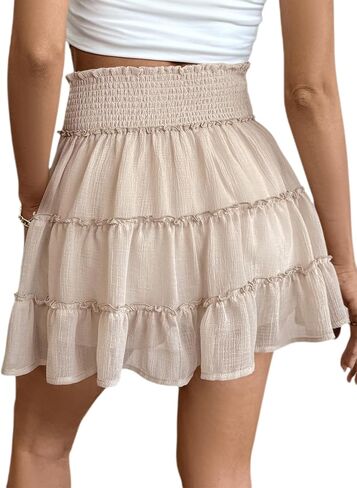 Women's Summer Mini Skirt High Waist Ruffle Tiered Casual Vacation Boho Beach Sport Running Skater Skirts Built-in Shorts Y79 in Saudi Arabia