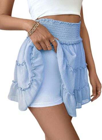 Women's Summer Mini Skirt High Waist Ruffle Tiered Casual Vacation Boho Beach Sport Running Skater Skirts Built-in Shorts Y79 in Saudi Arabia
