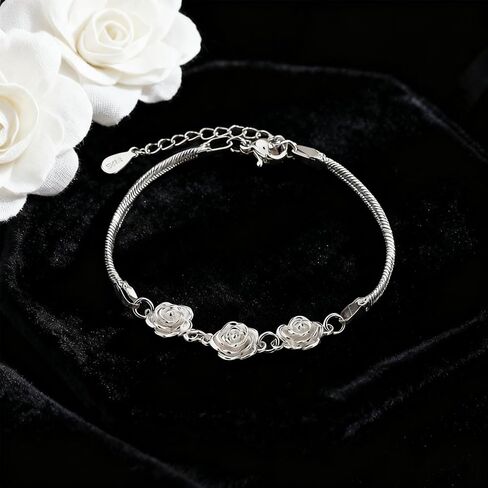925 Sterling Silver Bracelets for Women Elegant Rose Flower Bracelets Silver Flower Bracelet Fashion Jewelry Gifts for Wife Mom in Saudi Arabia