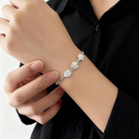 925 Sterling Silver Bracelets for Women Elegant Rose Flower Bracelets Silver Flower Bracelet Fashion Jewelry Gifts for Wife Mom in Saudi Arabia