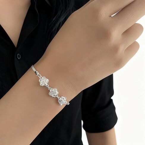 925 Sterling Silver Bracelets for Women Elegant Rose Flower Bracelets Silver Flower Bracelet Fashion Jewelry Gifts for Wife Mom in Saudi Arabia