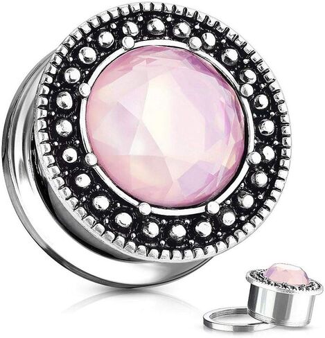 Pink Stone Centered Burnish Finish Shield Front 316L Surgical Steel Screw Fit Flesh Tunnel Plugs in Saudi Arabia