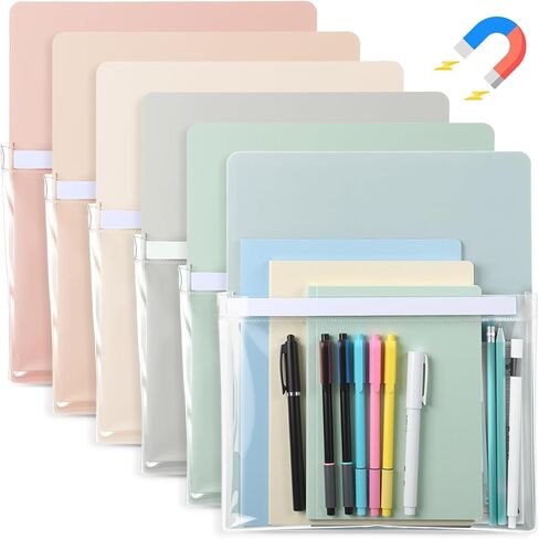 6 قطع حامل ملفات مغناطيسي، حامل ورق، قلم مغناطيسي، منظم علامات المسح الجاف، جيب مغناطيسي لثلاجة السبورة البيضاء، 12 × 9.5 بوصة (باستيل) in Kuwait