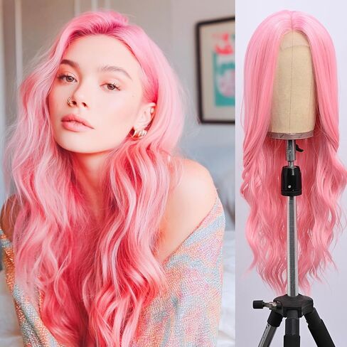 Long Pink Wig for Women Middle Part Pink Wavy Wigs Natural Looking Synthetic Heat Resistant Fiber Wigs for Halloween Costumes Cosplay Daily Use(26 Inch) in Saudi Arabia