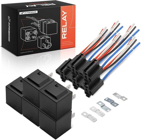 A-Premium 12V 40A 4-Pin SPST Relay مع مقبس تسخير الأسلاك ودعامة حديدية متوافقة مع السيارات والشاحنات والقوارب البحرية (مجموعة 5 قطع) in Kuwait