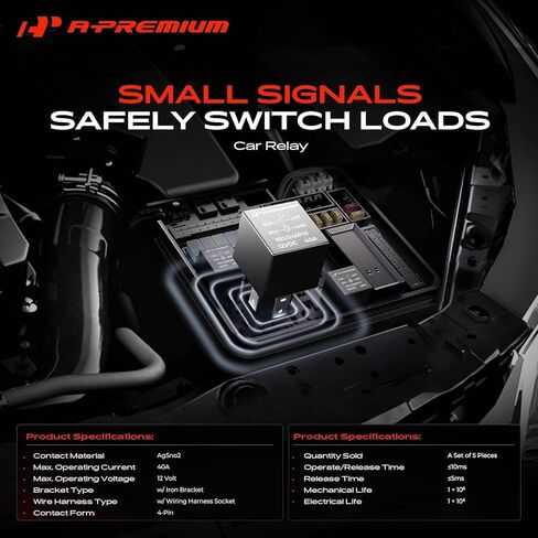 A-Premium 12V 40A 4-Pin SPST Relay مع مقبس تسخير الأسلاك ودعامة حديدية متوافقة مع السيارات والشاحنات والقوارب البحرية (مجموعة 5 قطع) in Kuwait