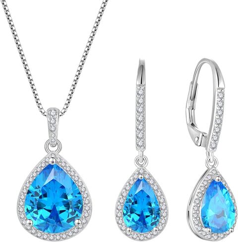 FJ Teardrop Jewelry Set for Women 925 Sterling Silver Aquamarine Necklace and Earrings Set Pear Cut March Birthstone Jewelry Gifts in Saudi Arabia