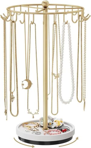 NiHome 360° Rotating Necklace Holder Stand, 24-Hook Metal Jewelry Organizer with Wooden Base Tray, Tangle-Free Display for Necklaces, Bracelets, Earrings, and Accessories, Ideal for Vanity or Dresser in Saudi Arabia
