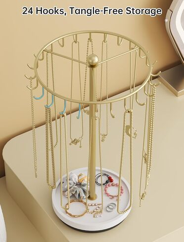 NiHome 360° Rotating Necklace Holder Stand, 24-Hook Metal Jewelry Organizer with Wooden Base Tray, Tangle-Free Display for Necklaces, Bracelets, Earrings, and Accessories, Ideal for Vanity or Dresser in Saudi Arabia
