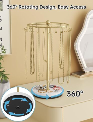 NiHome 360° Rotating Necklace Holder Stand, 24-Hook Metal Jewelry Organizer with Wooden Base Tray, Tangle-Free Display for Necklaces, Bracelets, Earrings, and Accessories, Ideal for Vanity or Dresser in Saudi Arabia