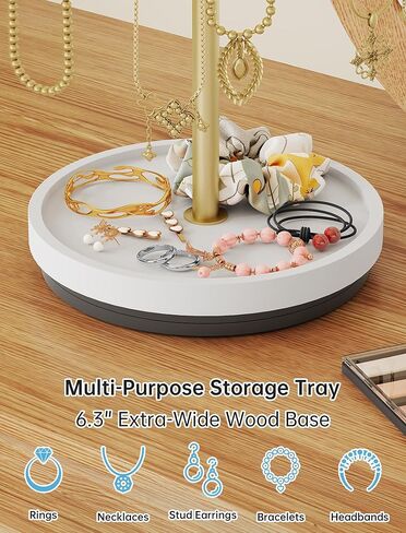 NiHome 360° Rotating Necklace Holder Stand, 24-Hook Metal Jewelry Organizer with Wooden Base Tray, Tangle-Free Display for Necklaces, Bracelets, Earrings, and Accessories, Ideal for Vanity or Dresser in Saudi Arabia
