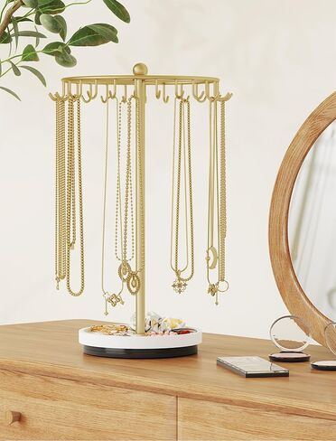 NiHome 360° Rotating Necklace Holder Stand, 24-Hook Metal Jewelry Organizer with Wooden Base Tray, Tangle-Free Display for Necklaces, Bracelets, Earrings, and Accessories, Ideal for Vanity or Dresser in Saudi Arabia