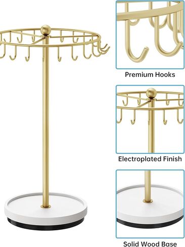NiHome 360° Rotating Necklace Holder Stand, 24-Hook Metal Jewelry Organizer with Wooden Base Tray, Tangle-Free Display for Necklaces, Bracelets, Earrings, and Accessories, Ideal for Vanity or Dresser in Saudi Arabia