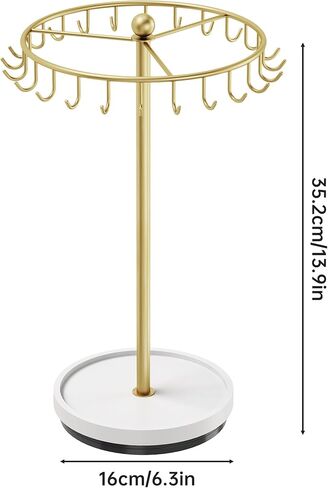 NiHome 360° Rotating Necklace Holder Stand, 24-Hook Metal Jewelry Organizer with Wooden Base Tray, Tangle-Free Display for Necklaces, Bracelets, Earrings, and Accessories, Ideal for Vanity or Dresser in Saudi Arabia