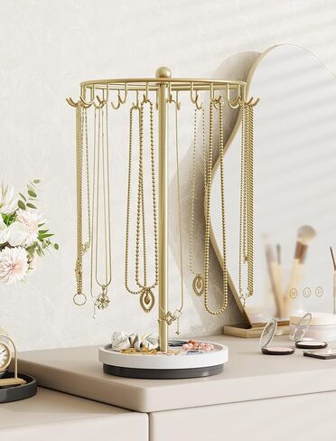 NiHome 360° Rotating Necklace Holder Stand, 24-Hook Metal Jewelry Organizer with Wooden Base Tray, Tangle-Free Display for Necklaces, Bracelets, Earrings, and Accessories, Ideal for Vanity or Dresser in Saudi Arabia