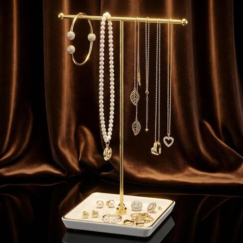 Jewelry Holder Stand with Ceramic Base: 12" Tall Necklace Organizer Rack, Tree Design Display Storage for Necklaces, Bracelets, Rings, Earrings, Aesthetic Vintage Room Décor (Gold) in Saudi Arabia
