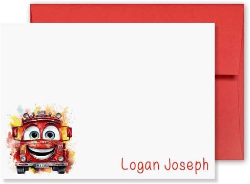 KAI KAI MARKET | Cute Fire Truck 2 | Personalized Stationery | Flat Note Cards and Envelopes | Kids | Thank You Cards | in Saudi Arabia