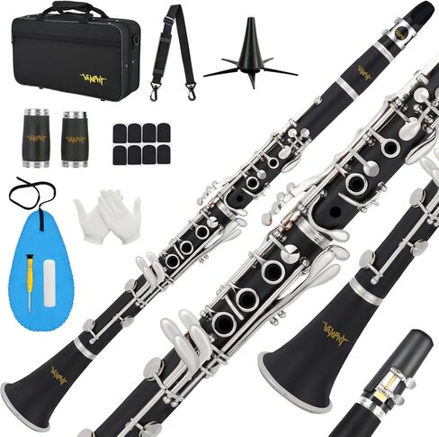 Bb Clarinet For Beginners Students B Flat Clarinet 17 Keys Clarinets with Case Stand Strap 2 Barrels 8 Mouthpiece Cushion White Gloves Cleaning Kit (Black) in Kuwait