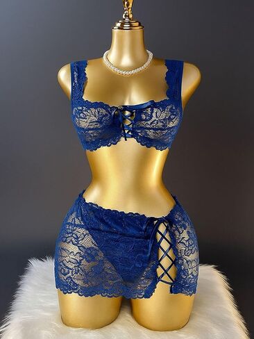 Sexy Lace Lingerie Set for Women, Dark Blue Two-Piece Lingerie Set with Adjustable Strap in Saudi Arabia