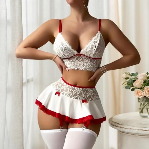Sexy Lingerie for Women Naughty Outfits Lace Cami Bras Mini Skirt Garter with Thong 4 Piece Babydoll Lingerie Sets in Saudi Arabia
