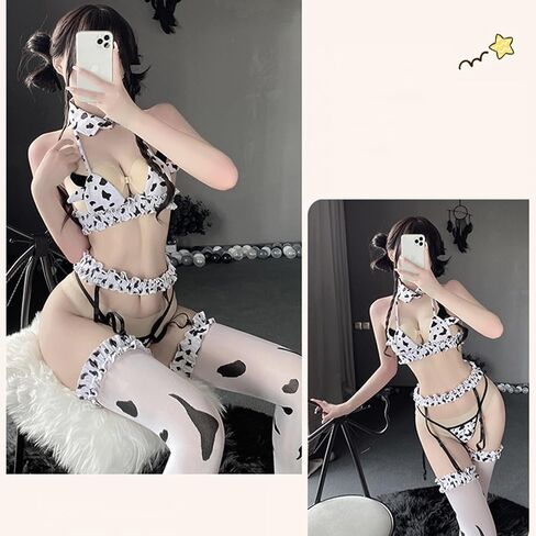Women Anime Milk Cosplay Bikini Set - Kawaii Bra & Panty with Garter Belt & Stockings in Saudi Arabia