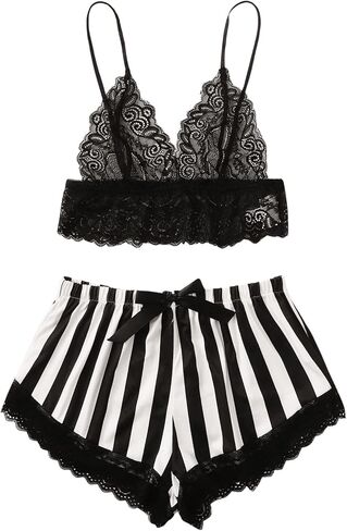 Verdusa Women's 2 Piece Lace Lingerie Set Deep V Neck Bralettes with Striped Boyshorts in Saudi Arabia