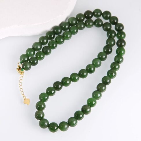 حقيقية الطبيعية اليشم الأخضر الأحجار الكريمة Hetian اليشم قلادة 8-9 مللي متر حبة مستديرة تمتد قلادة للنساء معتمد اليدوية الأحجار الكريمة in Kuwait