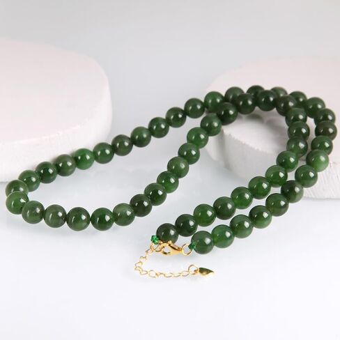 حقيقية الطبيعية اليشم الأخضر الأحجار الكريمة Hetian اليشم قلادة 8-9 مللي متر حبة مستديرة تمتد قلادة للنساء معتمد اليدوية الأحجار الكريمة in Kuwait