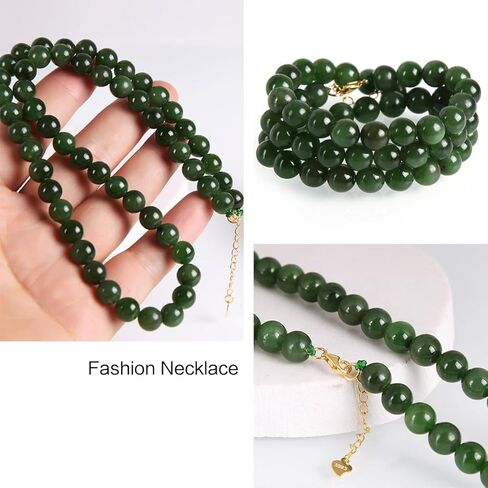 حقيقية الطبيعية اليشم الأخضر الأحجار الكريمة Hetian اليشم قلادة 8-9 مللي متر حبة مستديرة تمتد قلادة للنساء معتمد اليدوية الأحجار الكريمة in Kuwait