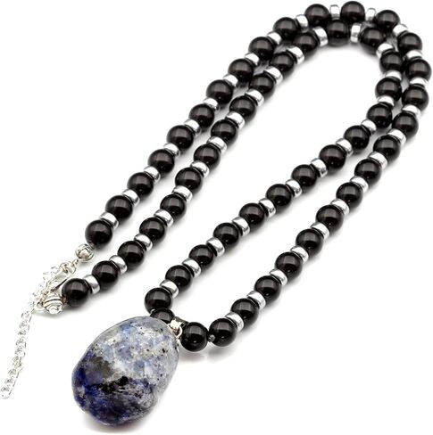 Natural Raw & Tumbled Crystal Pendant Necklace | Handmade Genuine Gemstone Jewelry with Black Onyx Beads & Hematite Spacers | Adjustable Unisex Statement Necklace Gift in Kuwait