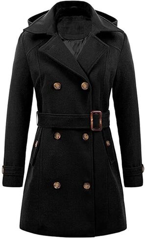 xxxiticat Women's Wool Trench Coat Long Sleeve Hooded Plaid Black Long Formal Winter Dress Coats Hooded Peacoat Jacket in Saudi Arabia
