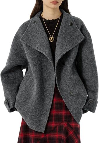 chouyatou Womens Winter Stand Collar Wool Trench Coat Single Breasted Blazer Jacket Coat Loose Outerwear in Saudi Arabia