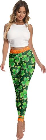 بنطلون ضيق ليوم القديس باتريك للنساء، مقاس كبير بخصر عالٍ، سروال يوجا ليوم القديس باتريك، سروال نسائي شامروك باللون الأخضر in Kuwait