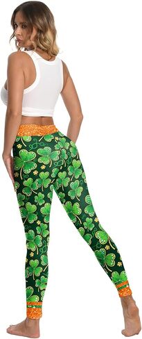 بنطلون ضيق ليوم القديس باتريك للنساء، مقاس كبير بخصر عالٍ، سروال يوجا ليوم القديس باتريك، سروال نسائي شامروك باللون الأخضر in Kuwait