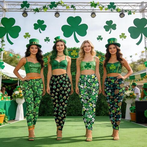 بنطلون ضيق ليوم القديس باتريك للنساء، مقاس كبير بخصر عالٍ، سروال يوجا ليوم القديس باتريك، سروال نسائي شامروك باللون الأخضر in Kuwait