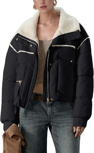 Women's Down Jacket with Faux Leather Thick Warm Winter Casual Fleece Lapel Outwear Zipper Pocket Coat in Saudi Arabia