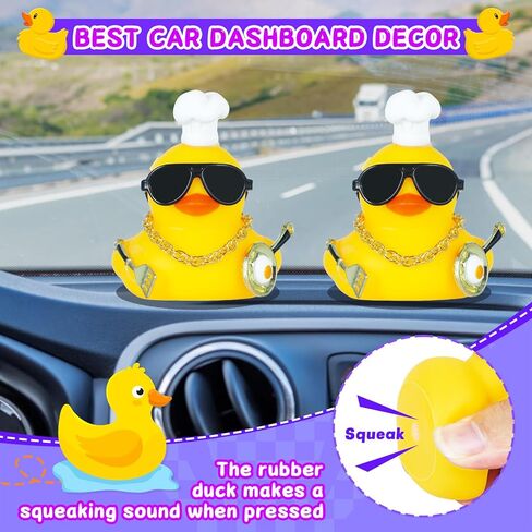 زينة لوحة قيادة السيارة على شكل بطة مطاطية مع قبعة صغيرة، نظارات شمسية، قلادة ذهبية، ملعقة ووعاء، 4 أشرطة لاصقة، ملحقات سيارة مضحكة (أصفر) in Kuwait