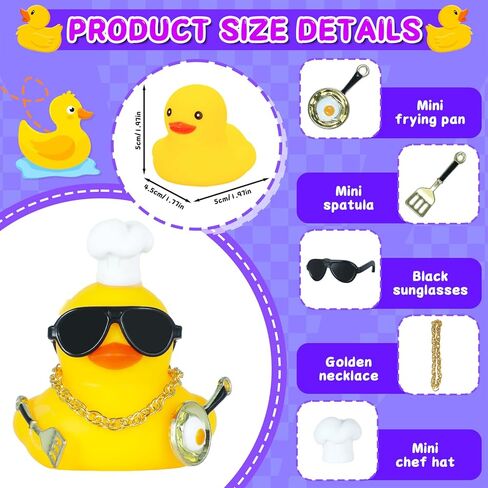 زينة لوحة قيادة السيارة على شكل بطة مطاطية مع قبعة صغيرة، نظارات شمسية، قلادة ذهبية، ملعقة ووعاء، 4 أشرطة لاصقة، ملحقات سيارة مضحكة (أصفر) in Kuwait