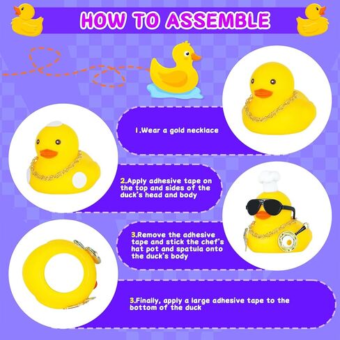 زينة لوحة قيادة السيارة على شكل بطة مطاطية مع قبعة صغيرة، نظارات شمسية، قلادة ذهبية، ملعقة ووعاء، 4 أشرطة لاصقة، ملحقات سيارة مضحكة (أصفر) in Kuwait