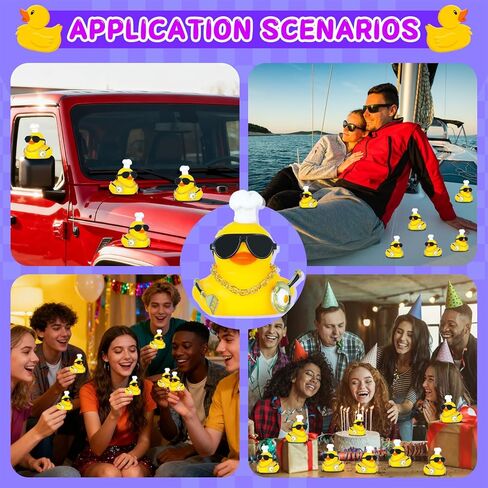 زينة لوحة قيادة السيارة على شكل بطة مطاطية مع قبعة صغيرة، نظارات شمسية، قلادة ذهبية، ملعقة ووعاء، 4 أشرطة لاصقة، ملحقات سيارة مضحكة (أصفر) in Kuwait